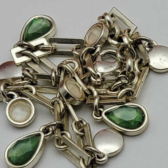 Lucky Brand Silver Tone Green Teardrop Crystal Charm Bracelet/Anklet 9" Adj. - Picture 7 of 8